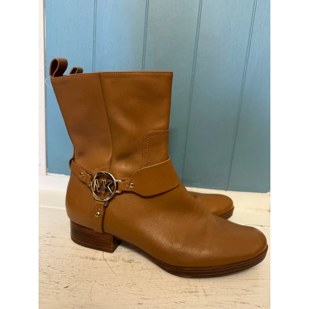 Michael Kors Tan Leather Mid-Calf Boots Gold‎ MK Logo Medallion Size 8.5M